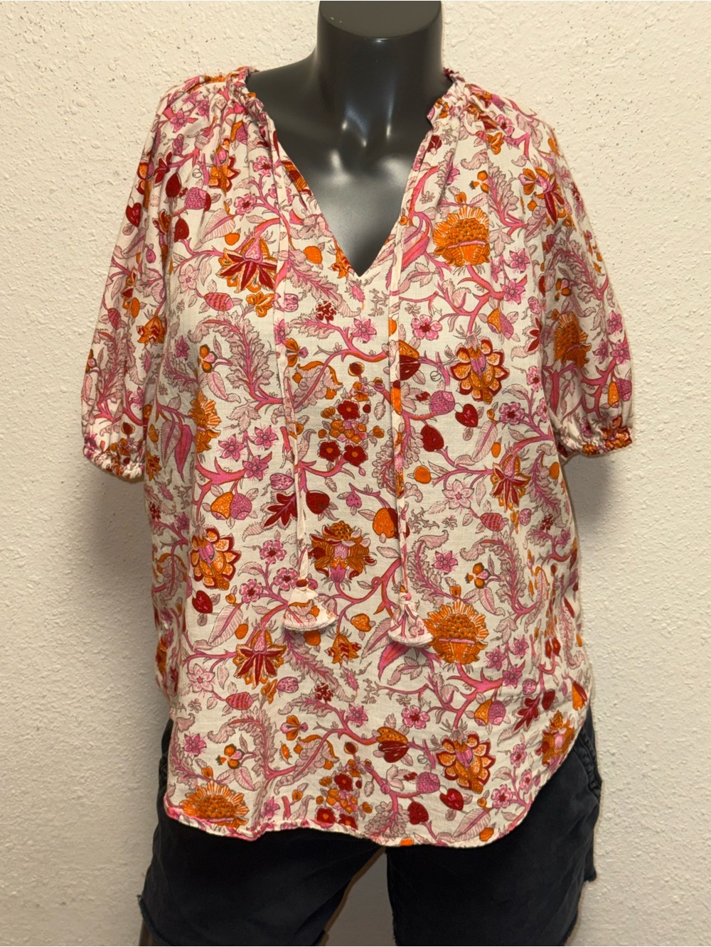 Knox Rose Pink & Orange Floral Tie-Front Peasant Blouse
